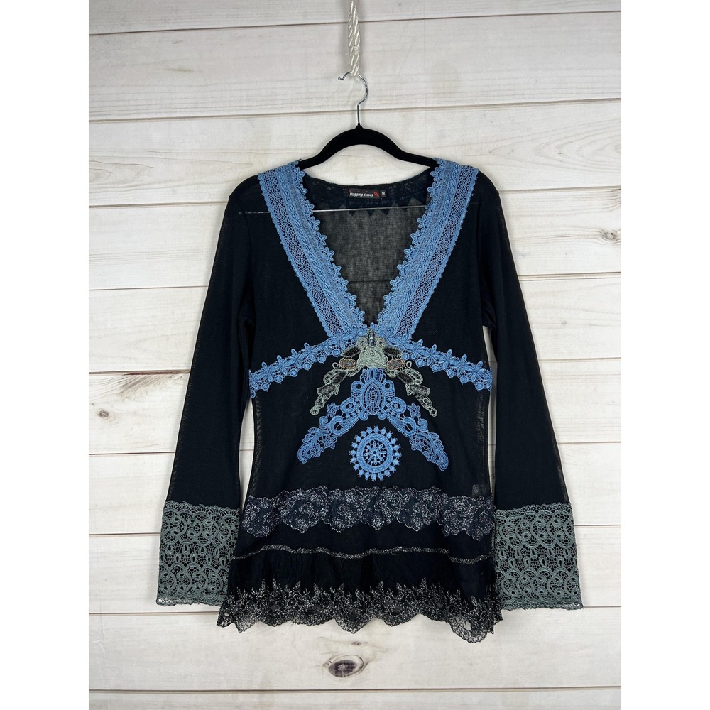 Hugging Kisses Tunic Top Womens M Black Sheer Lace Beaded Bell Sleeve 90s Y2K